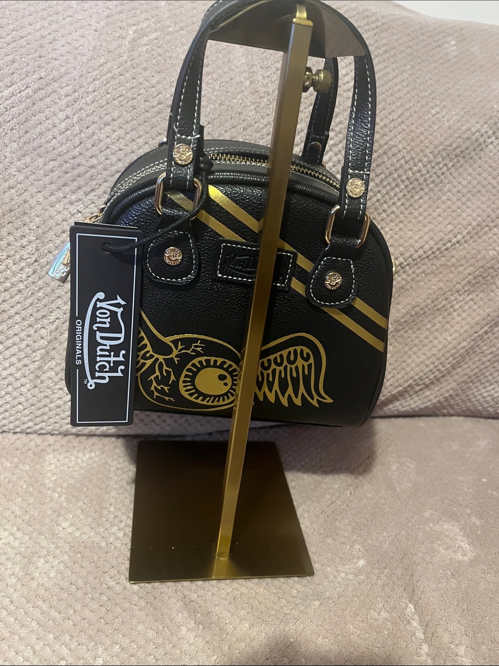 Von Dutch Black Mini Dome Handbag with Gold Logo Script - Picture 3 of 7